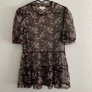 Black Floral Mesh Peplum Blouse